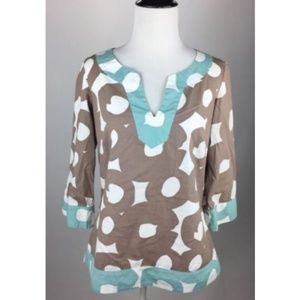 Boden Painted Hoops Brown Teal Circle VNeck Blouse